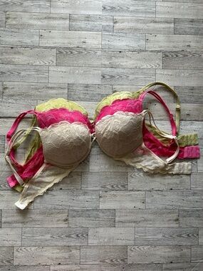 Vintage Victoria’s Secret Lace Push-Up Bra bundle in Beige, Hot Pink & Lime 36C